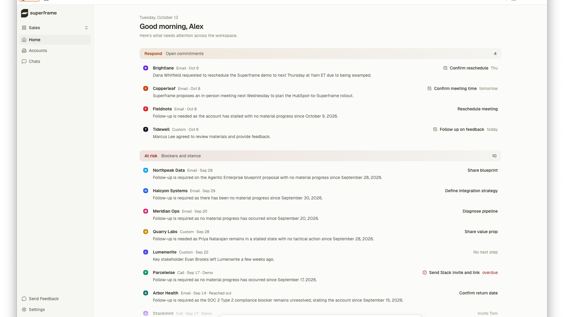 Superframe Home screen listing open commitments and at-risk accounts with suggested next steps